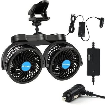 Alagoo 12V Car Fan, Adjustable 4 Inches Dual Head Car Clip Fan for Front/Rear Seat Passenger, 360° Rotatable Cars Fans with Stepless Speed Regulati...