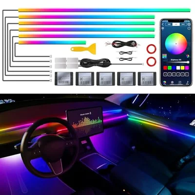 Dreamcolor Acrylic Interior Car LED Strip Light with Wireless APP, RGB 10 in 1 with 175 inches 593 Neon Car Ambient Lighting Kits, Dynamic Chasing Music Sync LEDs Fiber Optic Strip Lights for Car