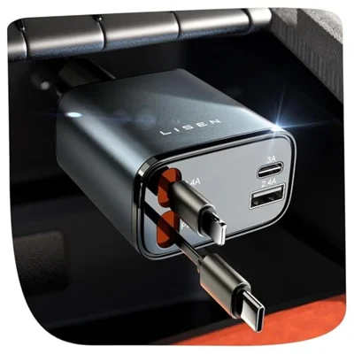 LISEN Retractable Car Charger, 84W Car Charger USB C Fast Charge, 4 in 1