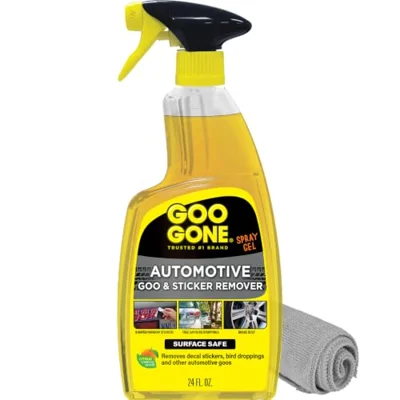 Goo Gone Automotive Adhesive Remover, Goo & Grime Cleaner for Bumper Stickers, Decals, Tree Sap, Brake Dust, Bird Droppings, Gum, Spray Paint, Asphalt, 24 oz with MicroFiber Buffing Towel