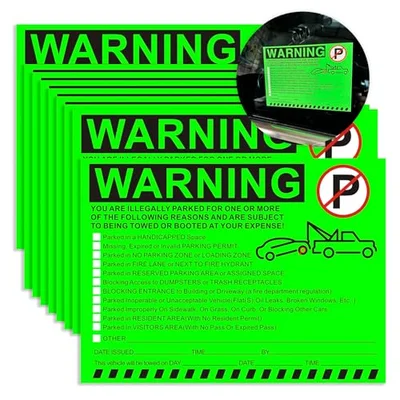 Illegal Parking Warning Stickers - Vibrant Green Parking Violation Notices - Stick-it-and-Forget-it Adhesive - 50 pcs Private Parking Violation Decals for Car Windows - Size 5.5X7.5 inch.
