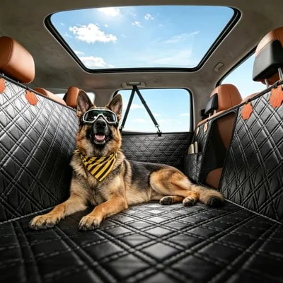 JOYTUTUS Back Seat Extender for Dogs, PU Leather Dog Car Seat Cover for Back Seat with Hard Bottom, Dog Hammock with Mesh Window, Dog Car Seat Cove...