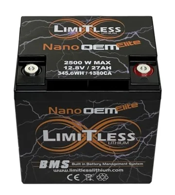 Limitless Lithium Nano OEM Elite 27AH 2500W BMS Motorcycle Power Sports Battery SPL Hifi