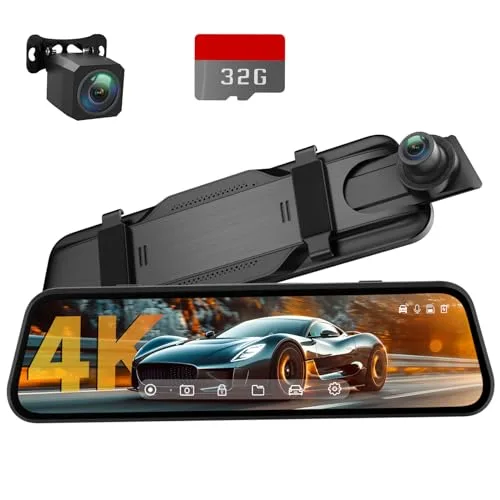 Veement 4K Rear View Mirror Camera, 10'' Mirror Dash Cam with 1080P Rear Camera, Dash Cam Front and Rear for Car with Voice Control, 24H Parking Mode, Night Vision, 32GB SD Card Included