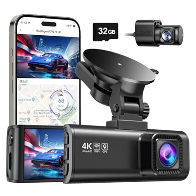 REDTIGER Dash Cam Front Rear, 4K/2.5K Full HD Dash Camera for Cars, Free 32GB Card, Built-in Wi-Fi GPS, 3.16” IPS Screen, Night Vision, 170°Wide Angle, WDR, 24H Parking Mode