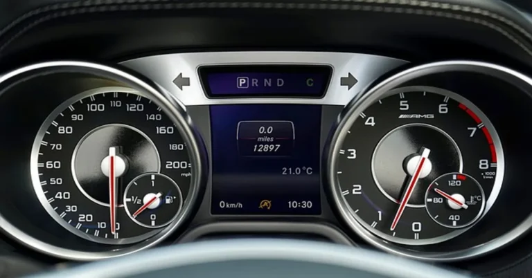 Close-up of a car tachometer showing engine RPM