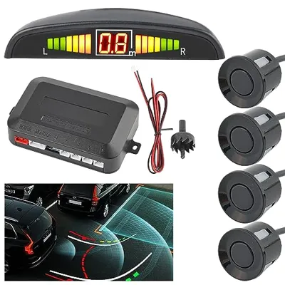Reverse Backup Sensors Parking Radar System for Cars, 4 Parking Waterproof Detection Sensors LED Distance Display Warning Buzzer Alert Probe System Black