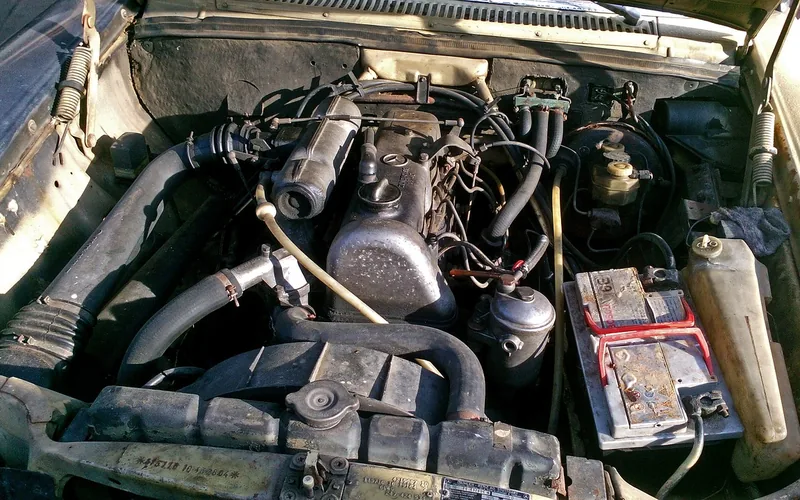 Corroded and aged components in a car engine bay near the battery