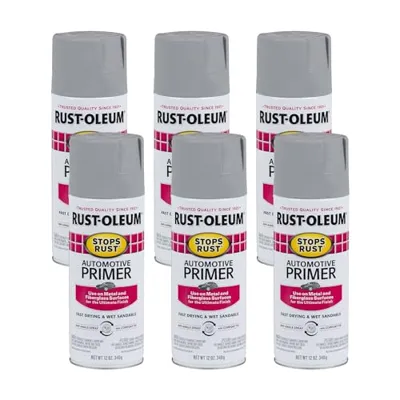 Rust-Oleum 2081830-6PK Stops Rust Automotive Primer Spray, 12 oz, Flat Light Gray, 6 Pack
