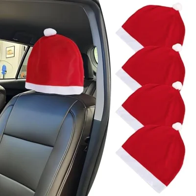 4pcs Santa Hat Car Headrest Covers, Christmas Festive Party Car Decorations, Soft Plush, Classic