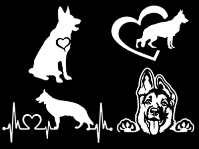 Slaced German Shepherd White Decals 4 Pack: Sitting, Heartbeat, Heart, Smiling (3.5'', Window, Vinyl, 6+ Year Outdoor Rating, Single Use, Water Resistant, USA Made)