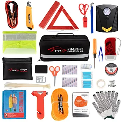 STDY Car Roadside Emergency Kit, Auto Vehicle Truck Safety Emergency Road Side Assistance Kits with Jumper Cables, Portable Air Compressor, First Aid Kit, Tow Rope, Reflective Triangle, etc