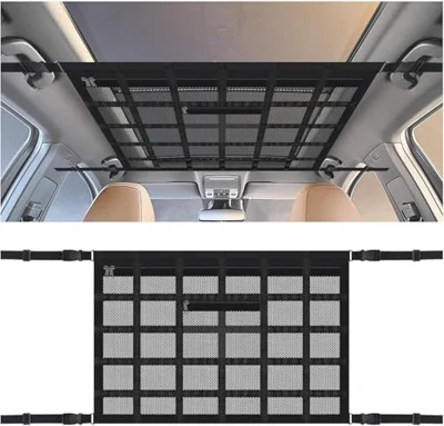 Upgrade Car Ceiling Cargo Net Pocket with Zip,Double Layers+Avoid Sagging Roof Cargo Ba...
