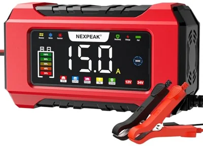 NEXPEAK 15-Amp Battery Charger, 12V 24V LiFePO4 Lead Acid Portable Car Battery Charger ...