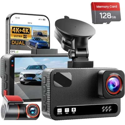 Front 4K + Rear 4K Dual Dash Cam Front and Rear,Free 128GB Card