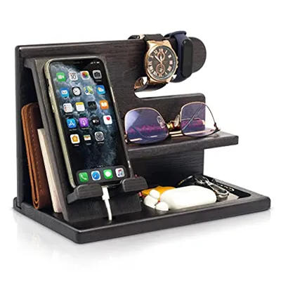 TESLYAR Wood Phone Docking Station - Nightstand Organizer - Desk Organizer for Husband - Birthday Gifts for Men or Dad - Idea for Anniversary from Wife - Key Holder - Stand for Wallet & Watch (Black)