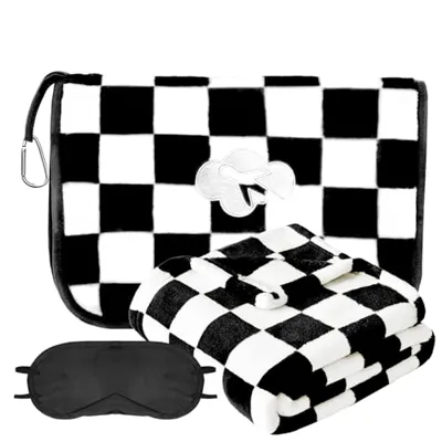 Travel Blanket and Pillow Compact, Premium Soft 3 in 1 Airplane Blanket with Soft Bag Pillowcase,Hand Luggage Sleeve, Backpack Clip and Eye Mask (Checkered Black)