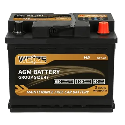 Weize Platinum AGM Battery BCI Group 47-12v 60ah H5 Size 47 Automotive Battery, 100RC, 680CCA, 36 Months Warranty