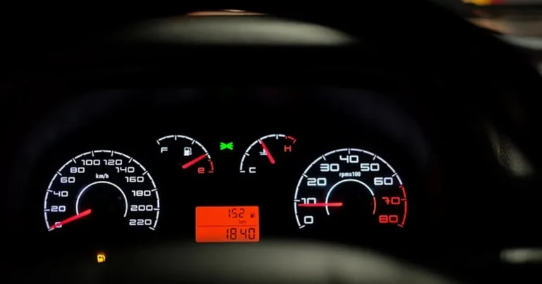 Car instrument cluster with speedometer, tachometer, and small digital multi-info display