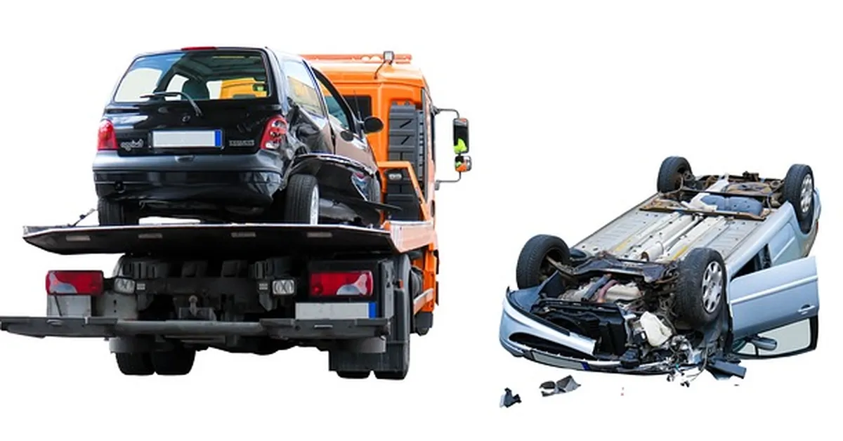 Composite of a wrecked car on a tow truck and a rolled vehicle