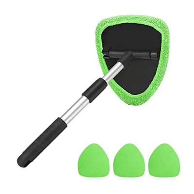 Windshield Cleaning Tool, Car Window Cleaner with Extendable Long Handle and 4 Washable Reusable Microfiber Pads, Auto Interior Exterior Glass Wiper Cleaning Kit Universal for Office and Home (Green)