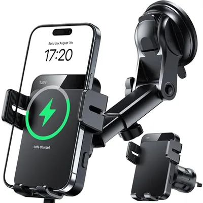 Wireless Car Charger 15W Auto Clamping Phone Holder Dash Windshield Vent