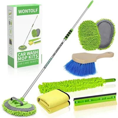 Wontolf 62'' Car Wash Brush with Long Handle Chenille Microfiber Car Wash Mop Mitt Car Cleaning Kit Windshield Window Squeegee Car Duster Microfiber Towels Wheel Tire Brush for Cars RV Truck Boat