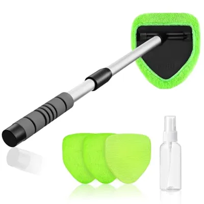 XINDELL 24-inch Windshield Cleaner Tool - Car Interior Cleaning Brush Kit with Extendable Handle, 4 Microfiber Towel Pads, Auto Glass Cleaning for Car Detailing, Trucks, SUVs, RVs, and Home Windows