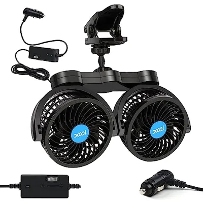 XOOL Clip Car Fan, Adjustable Dual Head 4 Inches 12V Fan for Front/Rear Seat Passenger, 360° Rotatable Electric Car Cooling Fans with Stepless Speed Regulation for SUV, RV, Vehicles