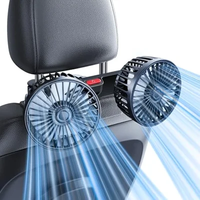 Yatessence Dual-Head Rear Seat Car Fan, Powerful Airflow, 360° Rotation, Blows Both Left & Right, Adjustable Angle, Perfect for Pets, Front & Back Sea
