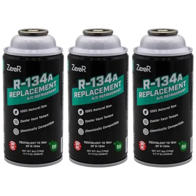 ZeroR AC Refrigerant R134a Replacement - Eco-Friendly, 100% Natural Hydrocarbon Gas - Compatible and Easy to Install with R134a A/C Recharge Systems - 3 Cans (6oz Each)