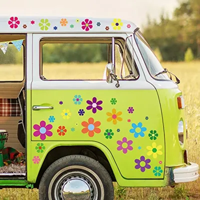 Zonon 12 Sheets Daisy Stickers Car Decals Flower Car Decals Self Adhesive Vinyl Retro Groovy Flower Window Clings 60s 70s Hippie Stickers for Bumper Wall Mirror Laptop Truck Window Decoration 96 Pcs