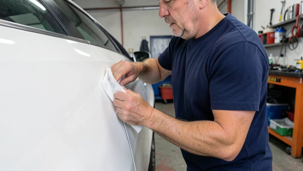 A body shop technician wiping a solvent-dampened rag on a hidden edge of a freshly painted car panel to check whether the paint has fully cured