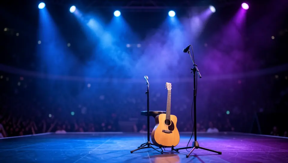 Acoustic guitar and microphone stand on a concert stage before a live performance