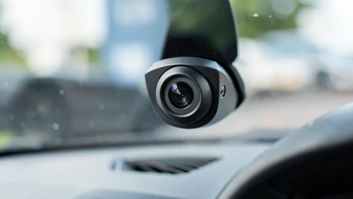 Close-up of a forward-facing ADAS camera and sensor mounted near a car's rearview mirror