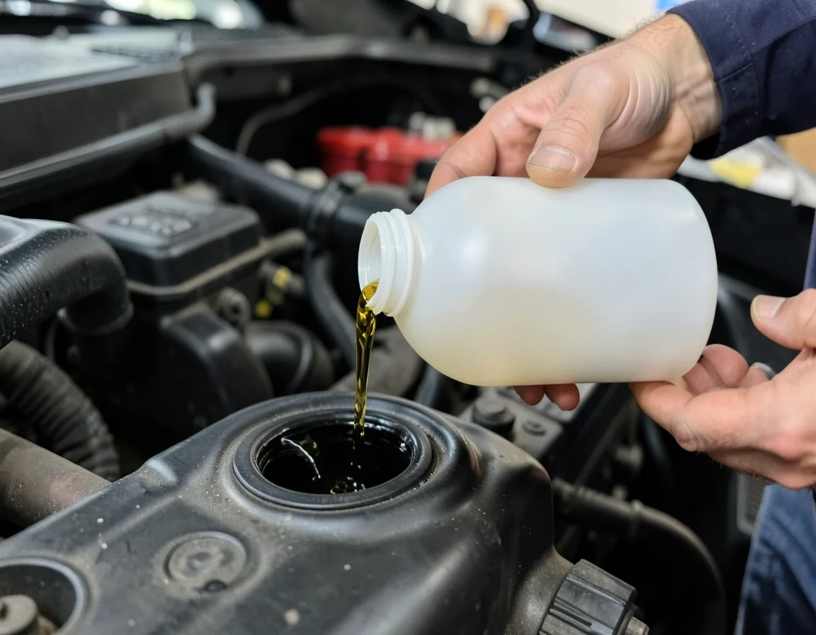 Mechanic pouring fresh motor oil into a car engine oil fill port