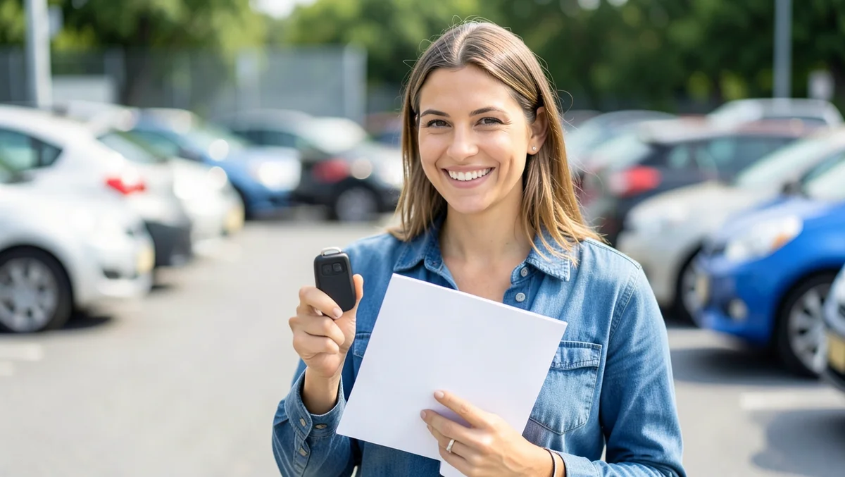 Rental car customer holding car keys and an insurance folder in a rental car parking lot
