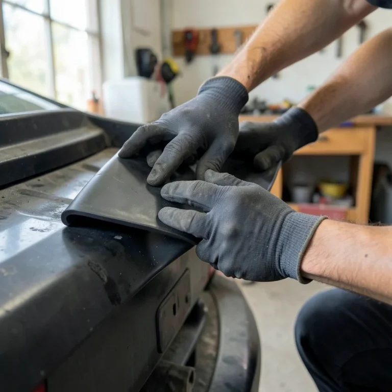 Mechanic pressing a car spoiler into place after applying adhesive along its mounting edge