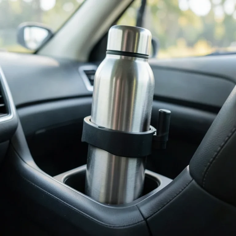 Adjustable cup holder expander holding a large stainless steel water bottle in a car center console