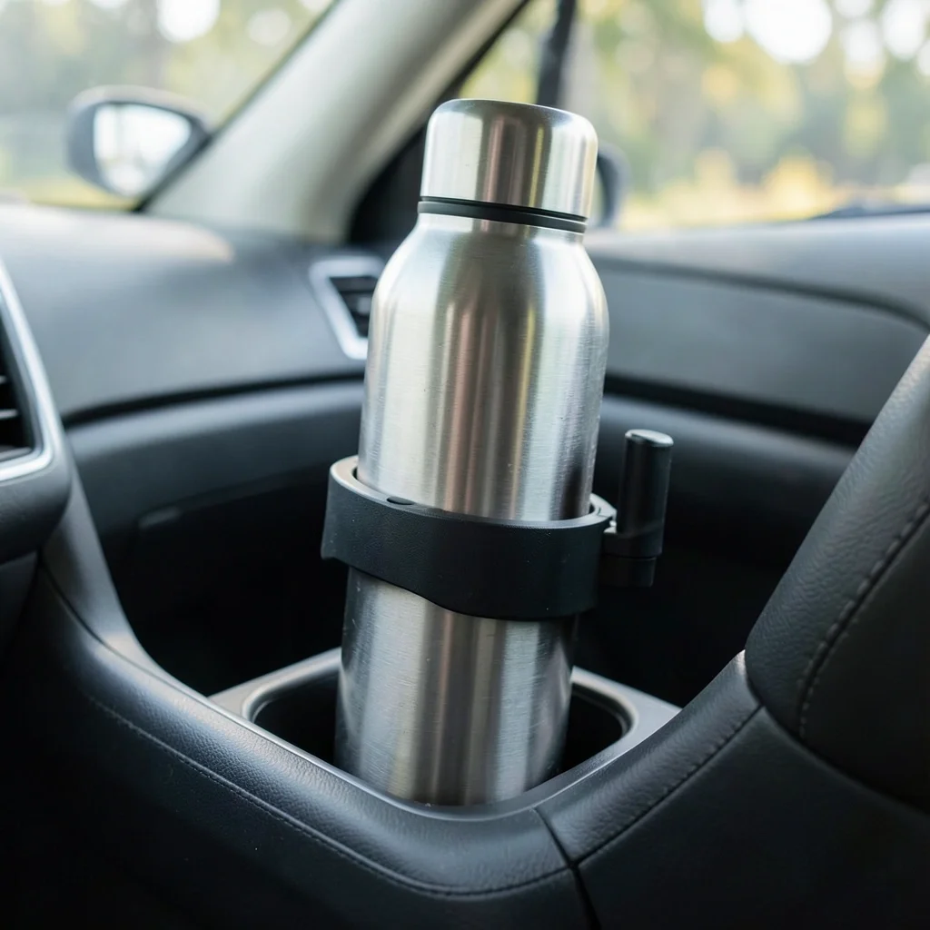 Adjustable cup holder expander holding a large stainless steel water bottle in a car center console