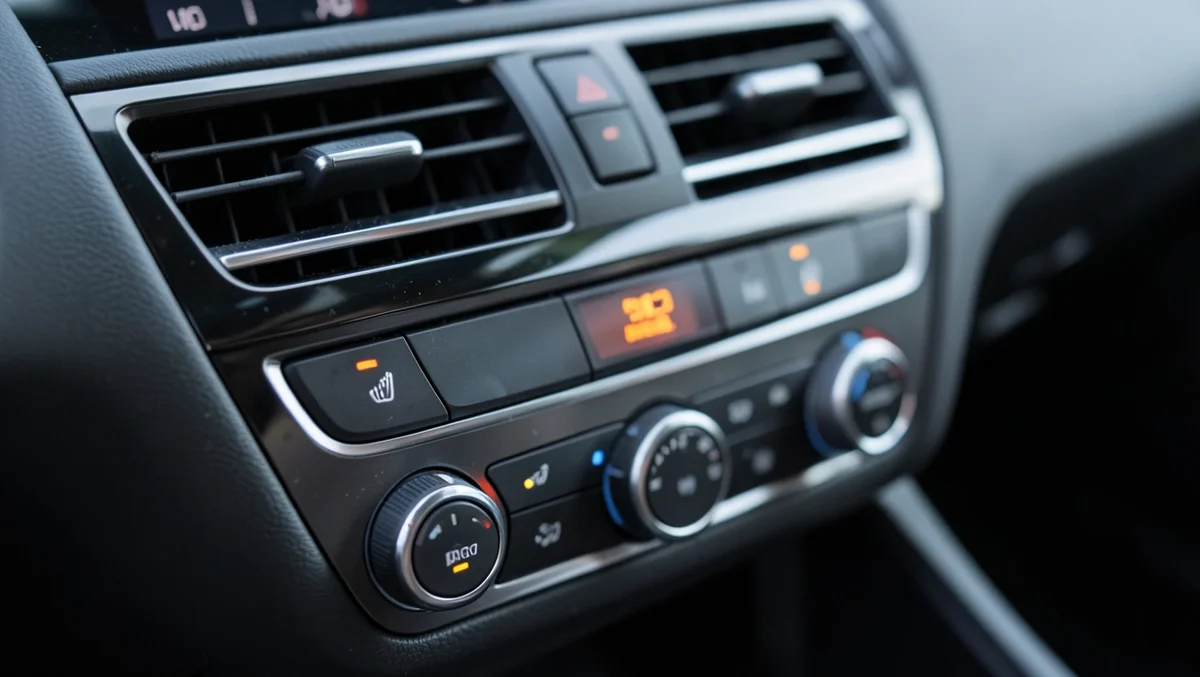 Car dashboard air conditioning control panel showing the recirculation button among climate controls