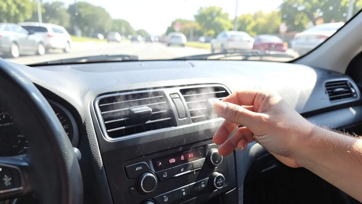 Driver hand near car air vent using recirculation mode while stuck in traffic