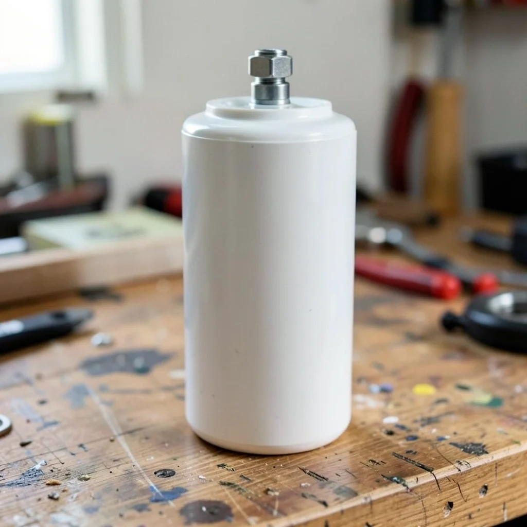 Close-up of an air shock's air chamber and inflation valve fitting on a workbench