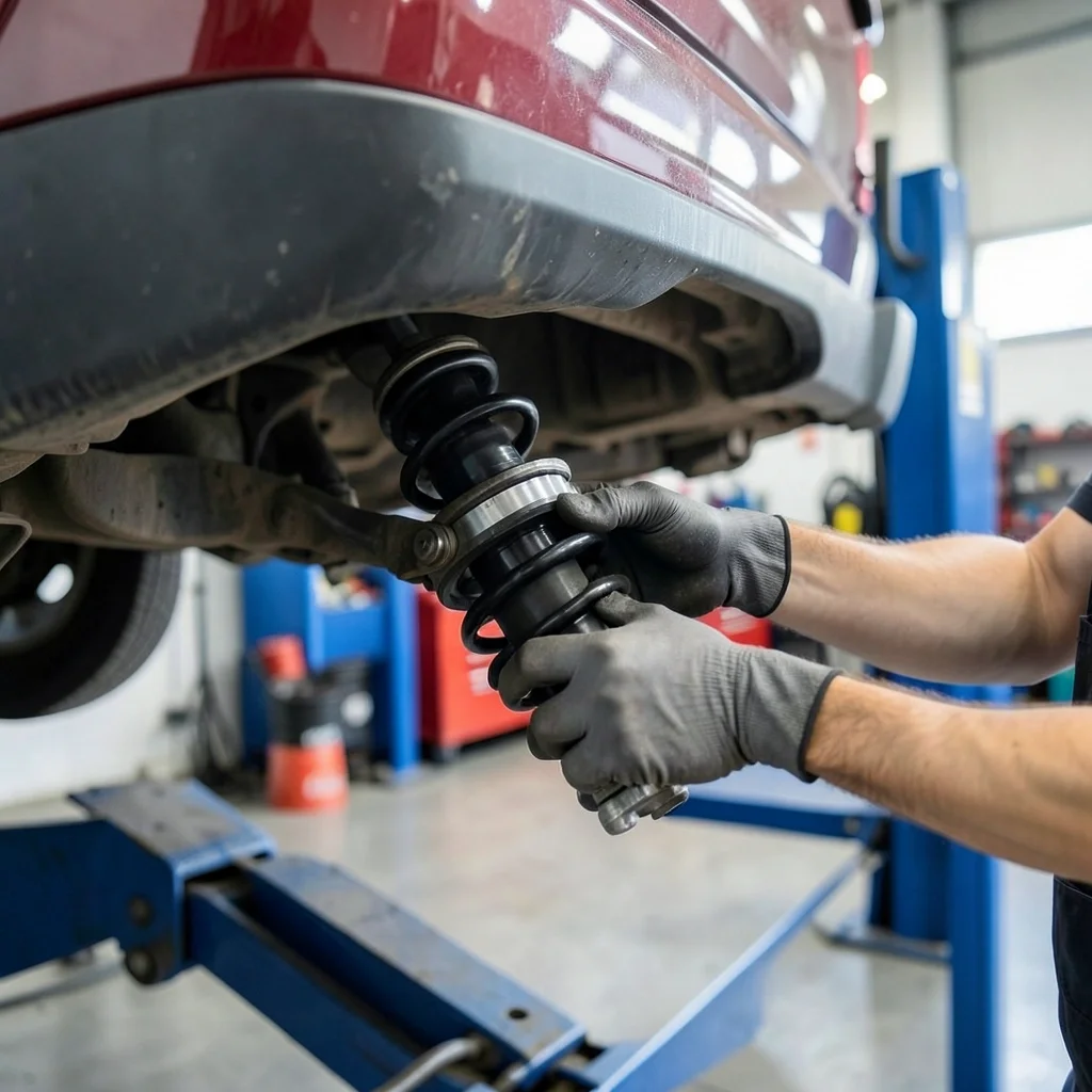 Mechanic installing an adjustable air shock absorber under a truck on a lift