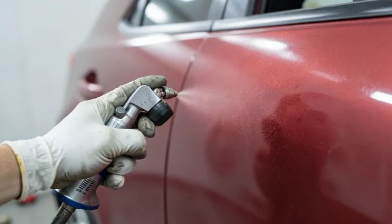 Technician using an HVLP touch-up spray gun to airbrush paint onto a car door panel
