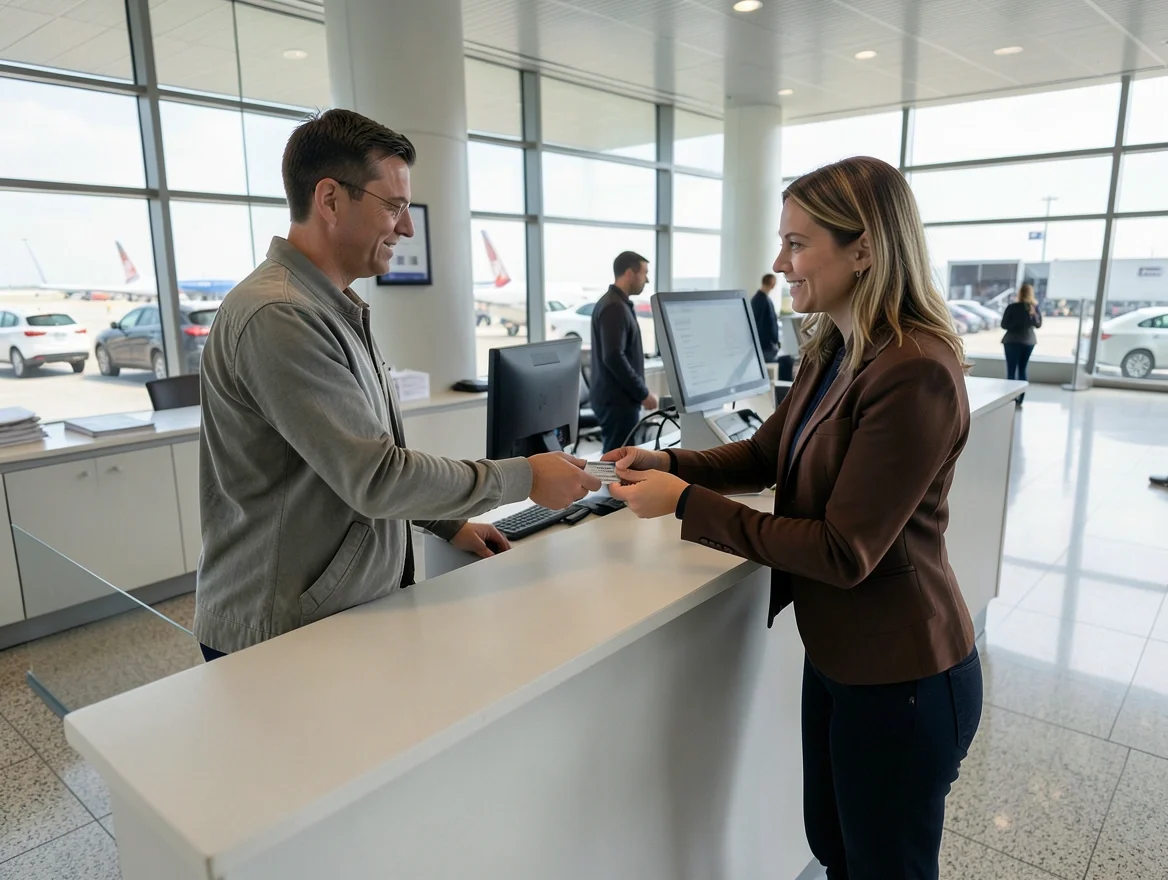 Traveler handing a drivers license and credit card to an airport rental car counter agent