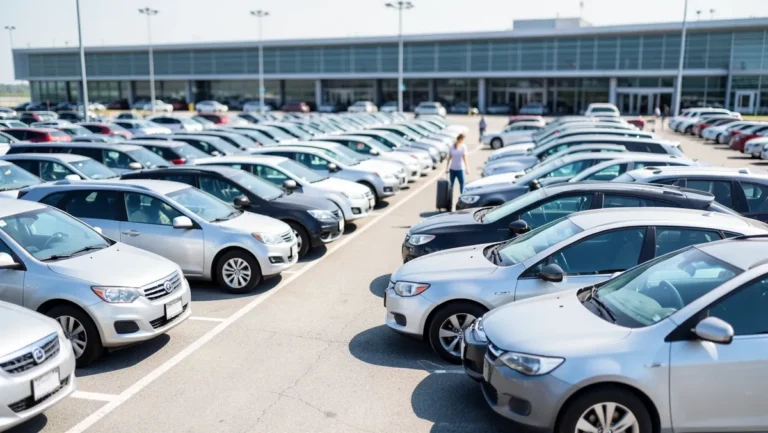 Rows of rental cars parked at an airport rental lot with a traveler walking toward one with a suitcase