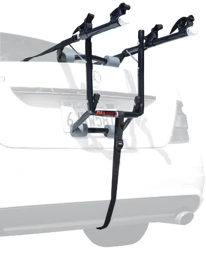 Allen Sports Deluxe 2-Bike Trunk Mount Rack Model 102DB black and silver mounted on a sedan
