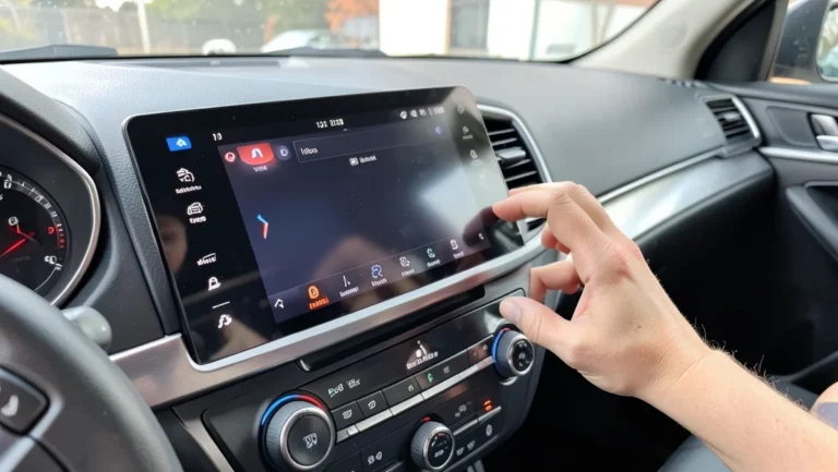 Driver adjusting the AM/FM radio tuner on a modern car dashboard touchscreen