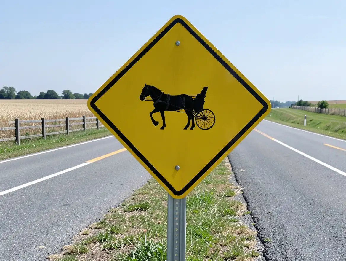 A yellow horse-and-buggy road warning sign on a rural highway in Amish country